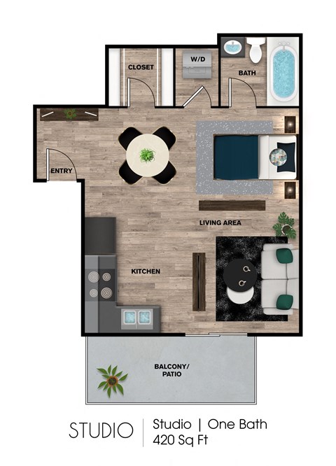 Floor plan for studio, 1 bath, 420 sqft